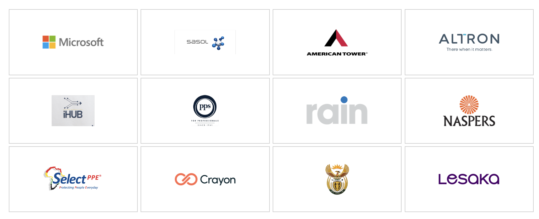 Enterprise clients including Microsoft, Sasol, American Tower, Altron, iHUB, PPS, Rain, Naspers, Select PPE, Crayon, Lesaka