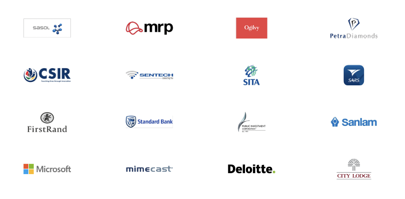 Enterprise clients including Sasol, Mr Price, Ogilvy, Petra Diamonds, FirstRand, Standard Bank, Sanlam, Microsoft, Mimecast, Deloitte, City Lodge
